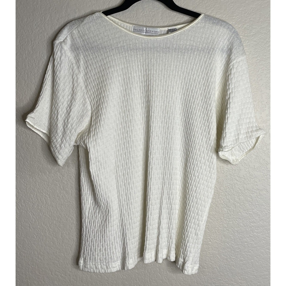 Valerie Stevens Womens L Top Cream Textured  Knit Short Sleeve  Classic Layer